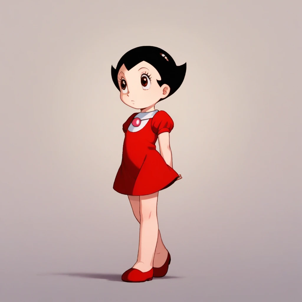 score_8_up, BREAK, uran, 1girl, solo, black hair, short hair, brown eyes, red dress, short sleeves, red footwear, full body, arms at sides,  <lora:AstroBoy_Uran_PXL_Leaf1:0.8>