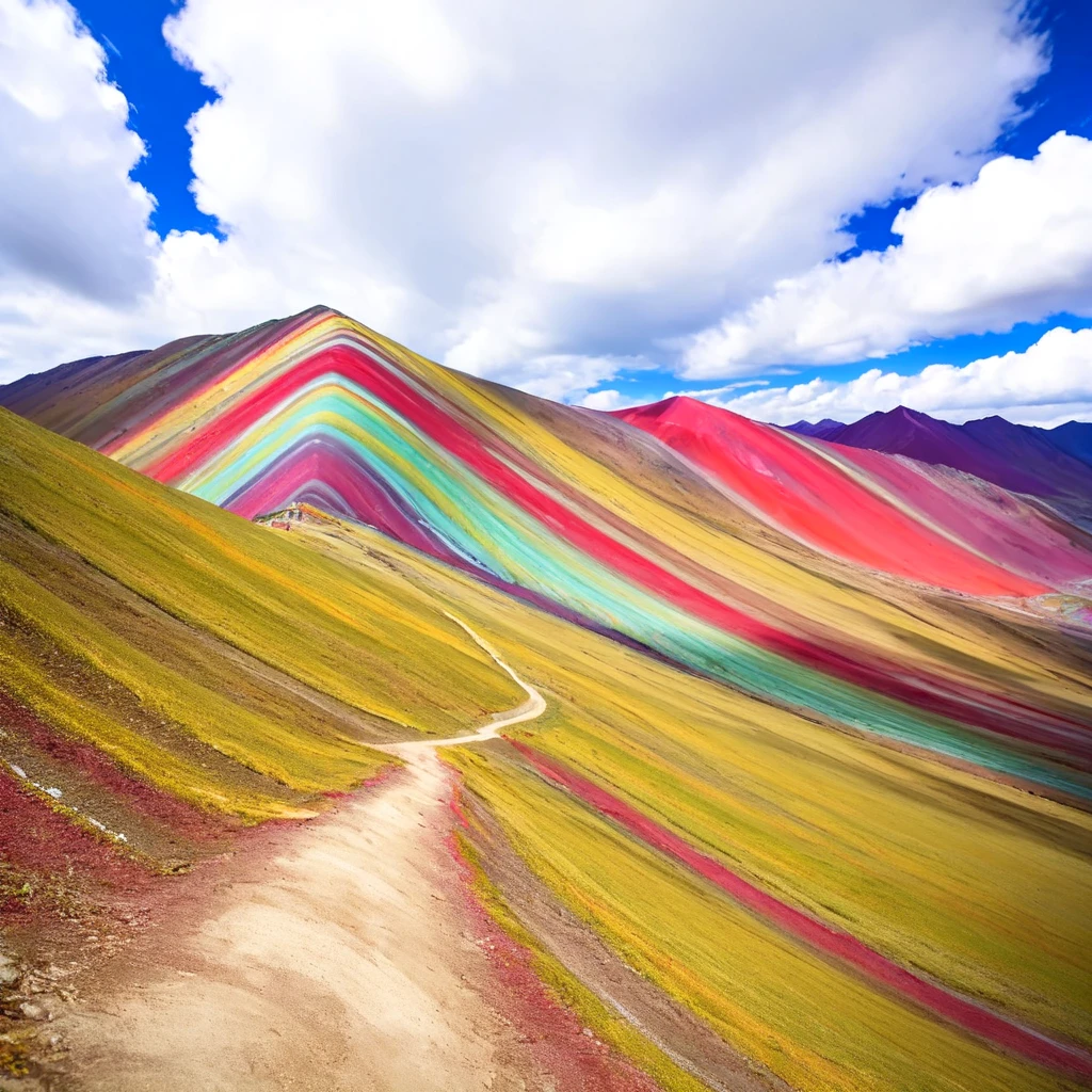 <lora:mountain_Vinicunca_SDXL:0.5>, landscape, mountainous horizon, colorful, fisheye, path, hill, desert, cliff, Vinicunca