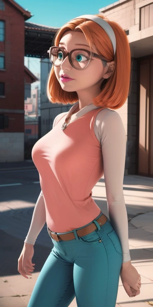 Hyperrealistic, photorealistic, turquoise jeans, a colored sweater with a diamond pattern, orange hair, glasses with a grayish-brown and grey rimwhite headband, strong cyan eyes, chin-length orange hair that is styled in a bob-cut, super detailed, body like in real life, light pink lipstick, large pores, slender, ******************, fair skin, beautiful arms, very little very flat breasts, unreal engine, octane render, droped shadow, bokeh, cinematic lighting, highly detailed background, <lora:add_detail:0.5>, <lora:Volumetric_lighting:0.6>, Raincomprix, Sabrina, , <lora:784a5ed7-f452-478c-9bf0-e4d020be783d:0.7>