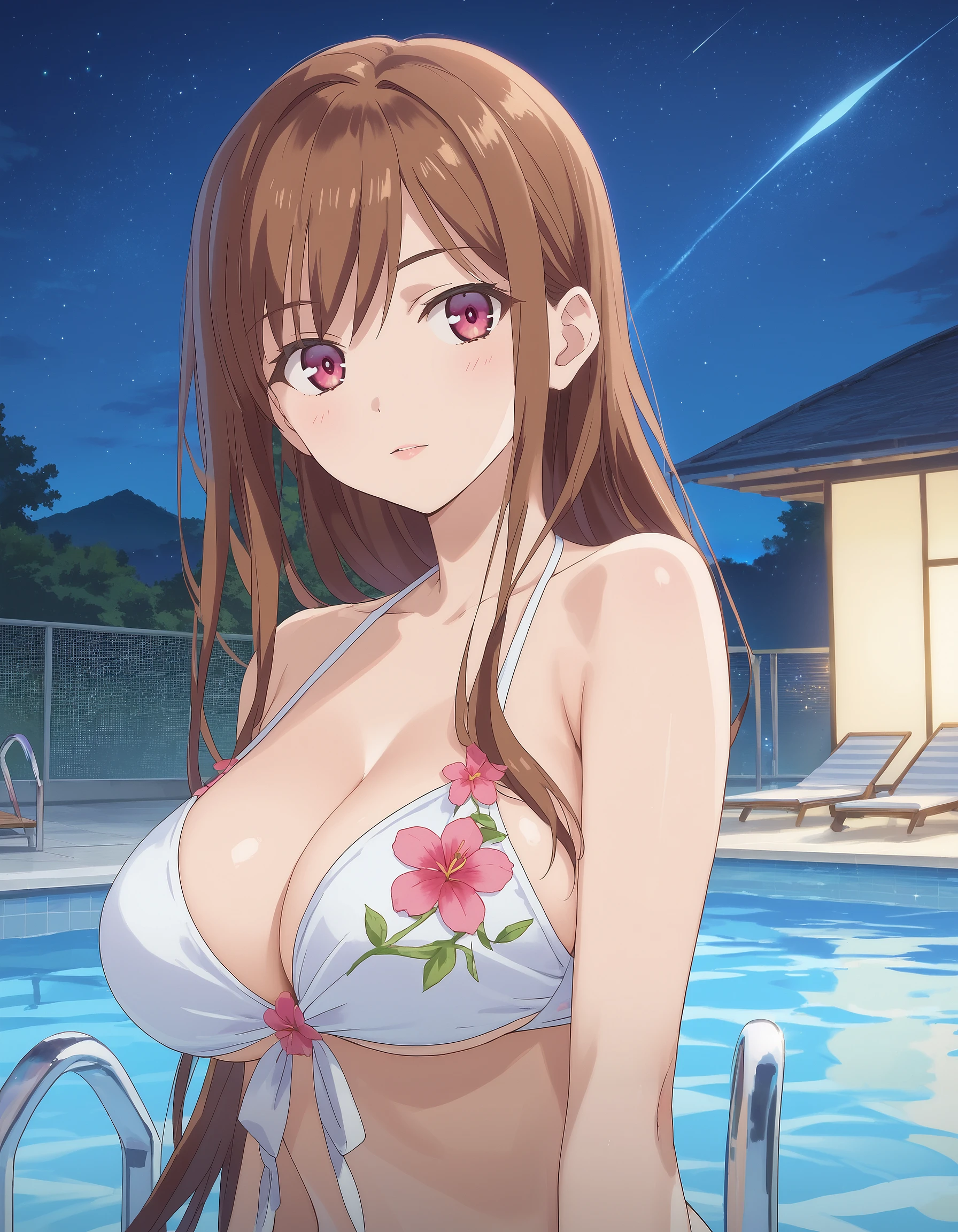 score_9, score_8_up, score_7_up, masterpiece, absurdres, source_anime, perfect anatomy,

1girl, solo,

AyaneShirakawa, long hair, brown hair, bangs, pink eyes, big breast,
bikini, white bikini, floral bikini,

outdoors, pool,
night, starry sky, looking at viewer, cowboy shot,