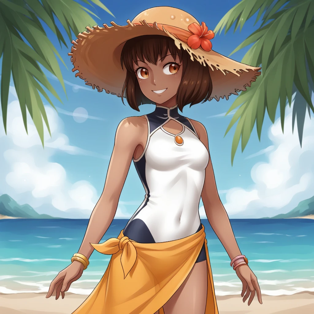 score_9, score_8_up, score_7_up, score_6_up, score_5_up, score_4_up, zPDXL2,source_anime,rating_questionable, 1girl, solo, smile, summer, beach, one piece swimsuit, looking away, straw hat, sarong,<lora:Amber_-_RWBY:0.7> Amber_RWBY, 1girl, brown hair, short hair, dark skin,bare shoulders,