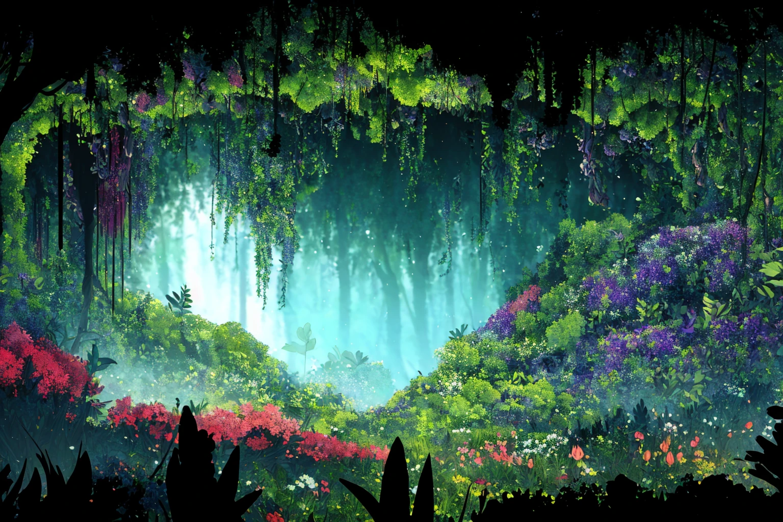 masterpiece, ultra-detailed, best quality, illustration, 8k cg wallpaper, an extremely delicate and beautiful, stunning landscape, forest, trees, bushes, flowers, grass, intricately detailed items in background, <lora:Hollow_Knight:1>