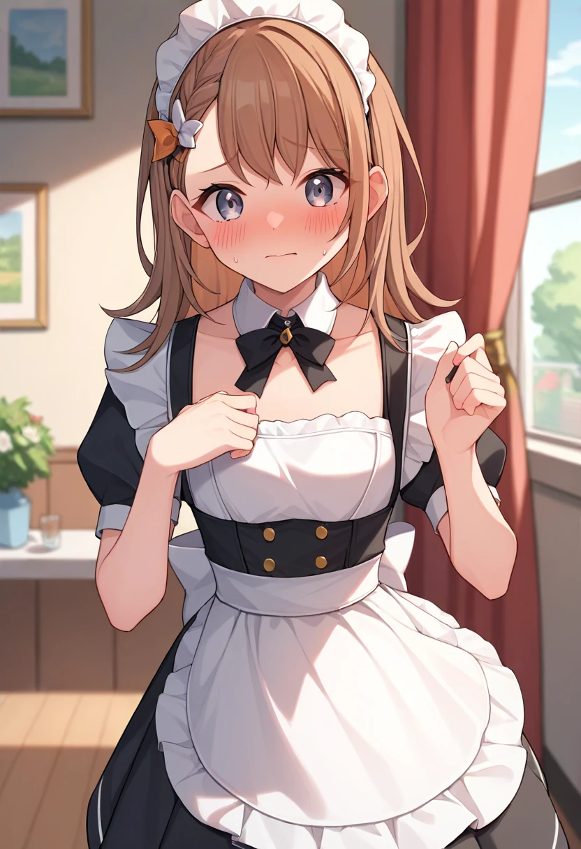 score_9, score_8_up, score_7_up, best quality, source_anime, <lora:MinoriHanasato_v1.1:1> 1girl, minoridef, hanasato minori, medium hair, grey eyes, maid, embarrassed, looking at viewer