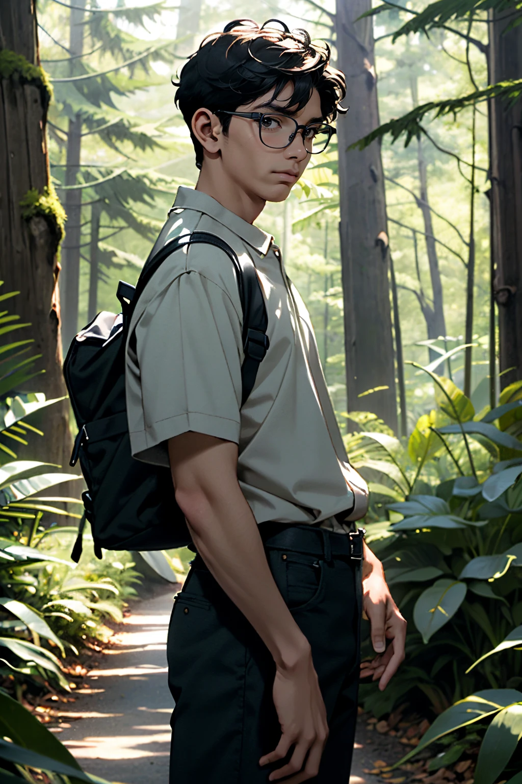 ((ultra detailed, masterpiece, absurdres))
<lora:MOMBrad:0.8>
MOMBrad, 1boy, dark skin, glasses, short hair, looking at viewer, standing amidst towering redwood trees in a lush forest