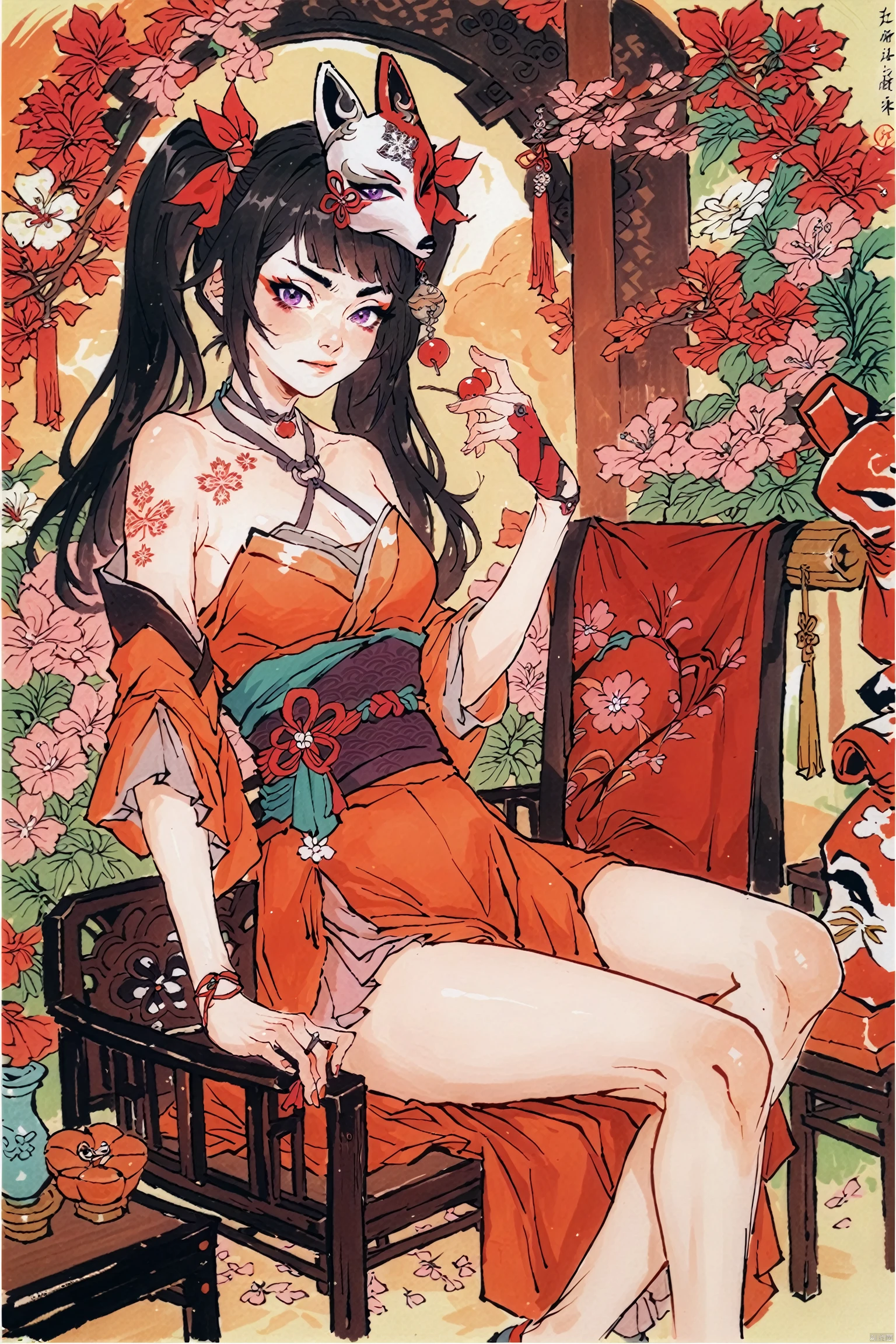 Detailed Background,Art Deco,Beautiful landscape painting,Botanical Art,Flower Art,(Floral:1.2), (masterpiece, Highest quality),Vibrant colors,colorful, Highest quality, Amazing details, Anatomically correct, Line art, Written boundary depth,Flat Shading,Bokeh, woman、、Black Hair、 Parting the bangs and sticking out the forehead、whole body、Pink good、Pink Fundoshi、Showing off pussy、 Sit with your legs apart:1.5、Showing pussy、sexy、Passionate、Stretch your legs、(Thighs)、(Large Breasts)、Plump Style、(barefoot)、 Mucha style、Ukiyo-e style、Looking up at the camera、Browsing Caution