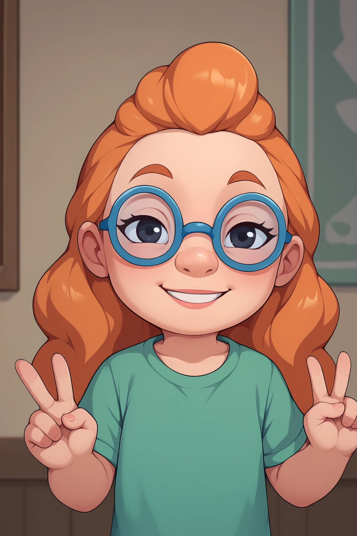 score_9, score_8_up, score_7_up, score_6_up, BREAK, MertleEdmondsLSXL, child, black eyes, orange hair, long hair, blue glasses, flat chest, green shirt, short sleeves, solo, front view, peace sign, (portrait, upper body), solo focus, seductive smile, looking at viewer, indoors <lora:MertleEdmondsLSXL:0.9>