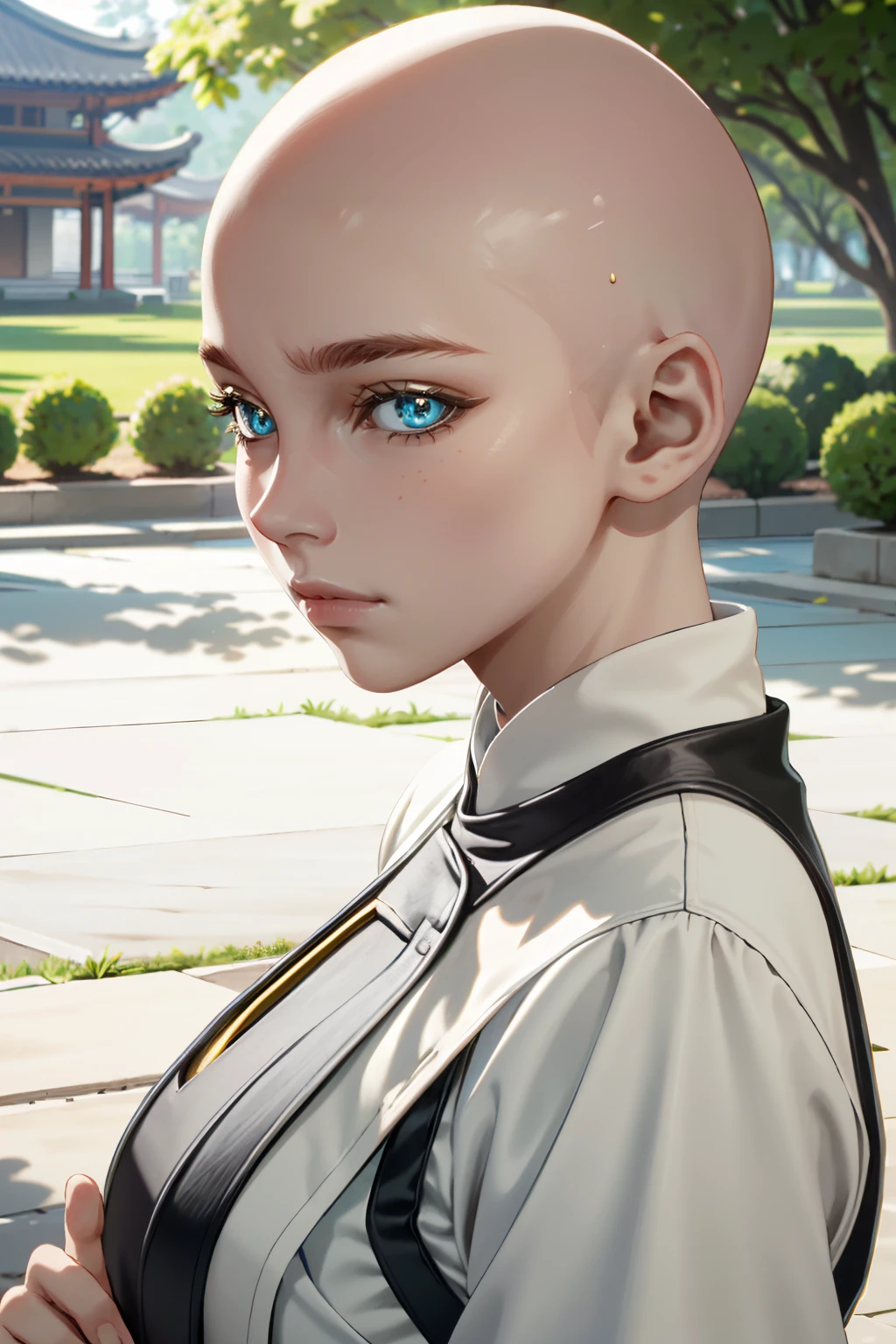 ((ultra detailed, masterpiece, absurdres))
 <lora:MKKronika:0.8>
MKKronika, 1girl, bald, simple background, looking at viewer, portrait of a model, traditional Chinese dress, ancient garden, soft ambient light, cultural and serene