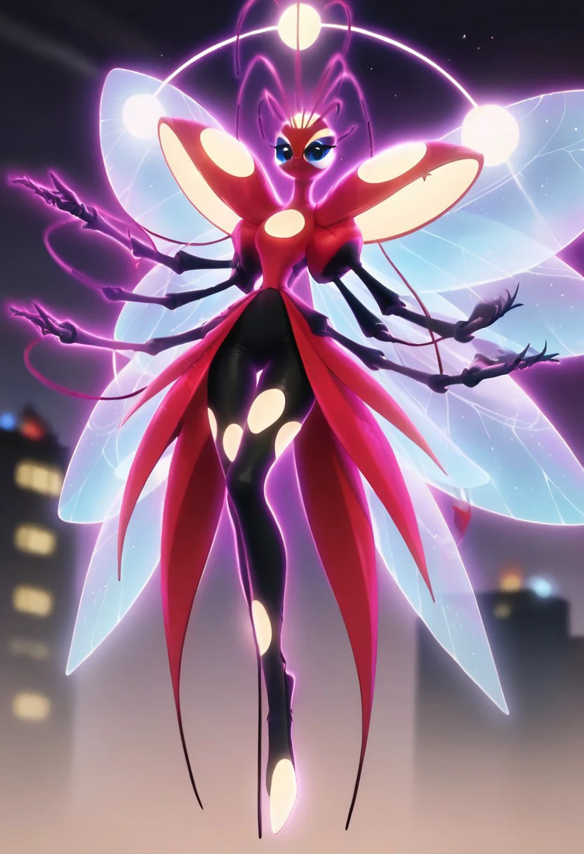 BREAK score_9, score_8_up, score_7_up, source_anime, 1girl, tikki_creation, anthro, humanoid ladybug, 4 arms, five fingers, 6 translucent white wings, light blue glow on the wings, long black legs, 4 antennae, 8 glowing white spheres, points of white light on the body, (city ​​in the background),