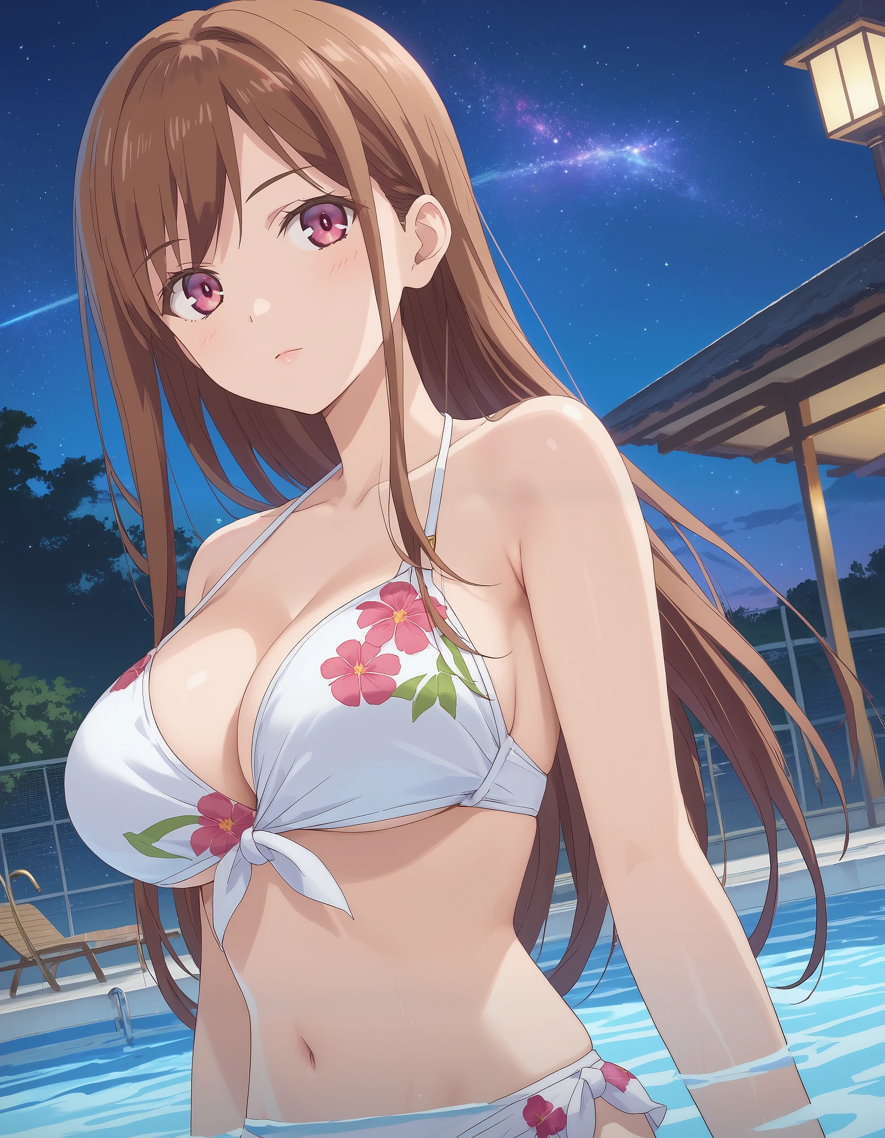 score_9, score_8_up, score_7_up, masterpiece, absurdres, source_anime, perfect anatomy,

1girl, solo,

AyaneShirakawa, long hair, brown hair, bangs, pink eyes, big breast,
bikini, white bikini, floral bikini,

outdoors, pool,
night, starry sky, looking at viewer, cowboy shot,