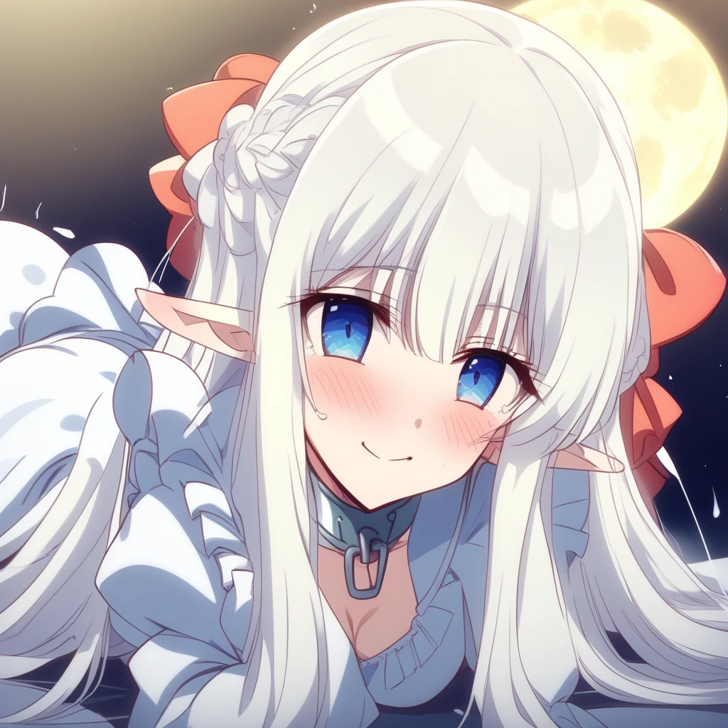 score_9, score_8_up, source_anime, 1girl, solo , nephelia, elf, blue eyes, pointy ears, white hair, very long hair, bangs, hair red bow, braid, medium breasts, chain, metal collar, frilled, indigo blue maid dress, long sleeves, puffy sleeves, long ivory apron, long dress, lace trim, brown long lace-up boots, smile :o, nighttime, night, Gaslight, moon light, sight light, perfect darkness, perfect shadow, head tilt, look up to, from above sitting, cinematic lighting, Blushing, Fairy Kingdom, Incandescent Light