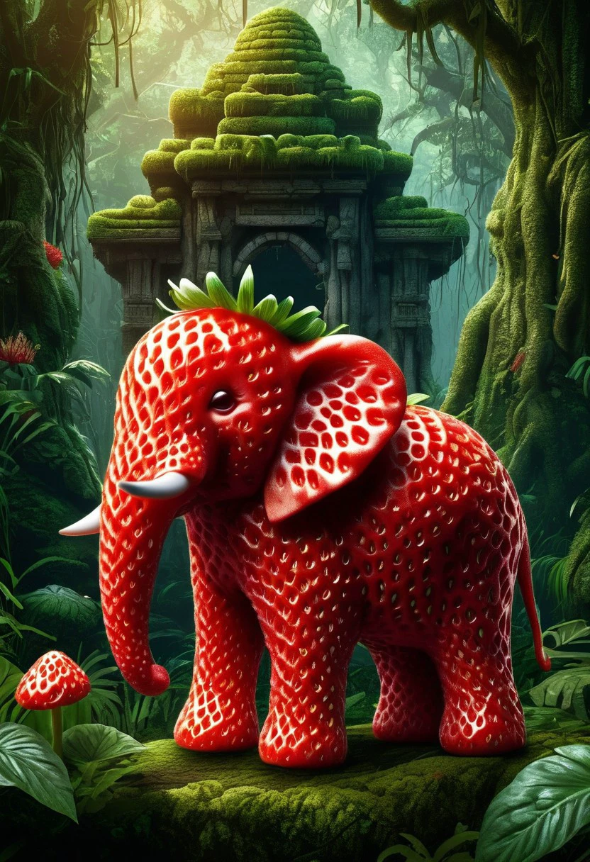 petro-strwberr,  elephant ,a mythical jungle, fantasy forest, lush green foliage, ancient ruins, sunlight filtering through the canopy, magical creatures, colorful exotic flowers, glowing mushrooms, mystical atmosphere, (best quality,4k,8k,highres,masterpiece:1.2),ultra-detailed,, intricate details, cinematic composition, a photorealistic render, trending on zbrush central, hyperrealism, realistic 3 d render, detailed digital 3d art,