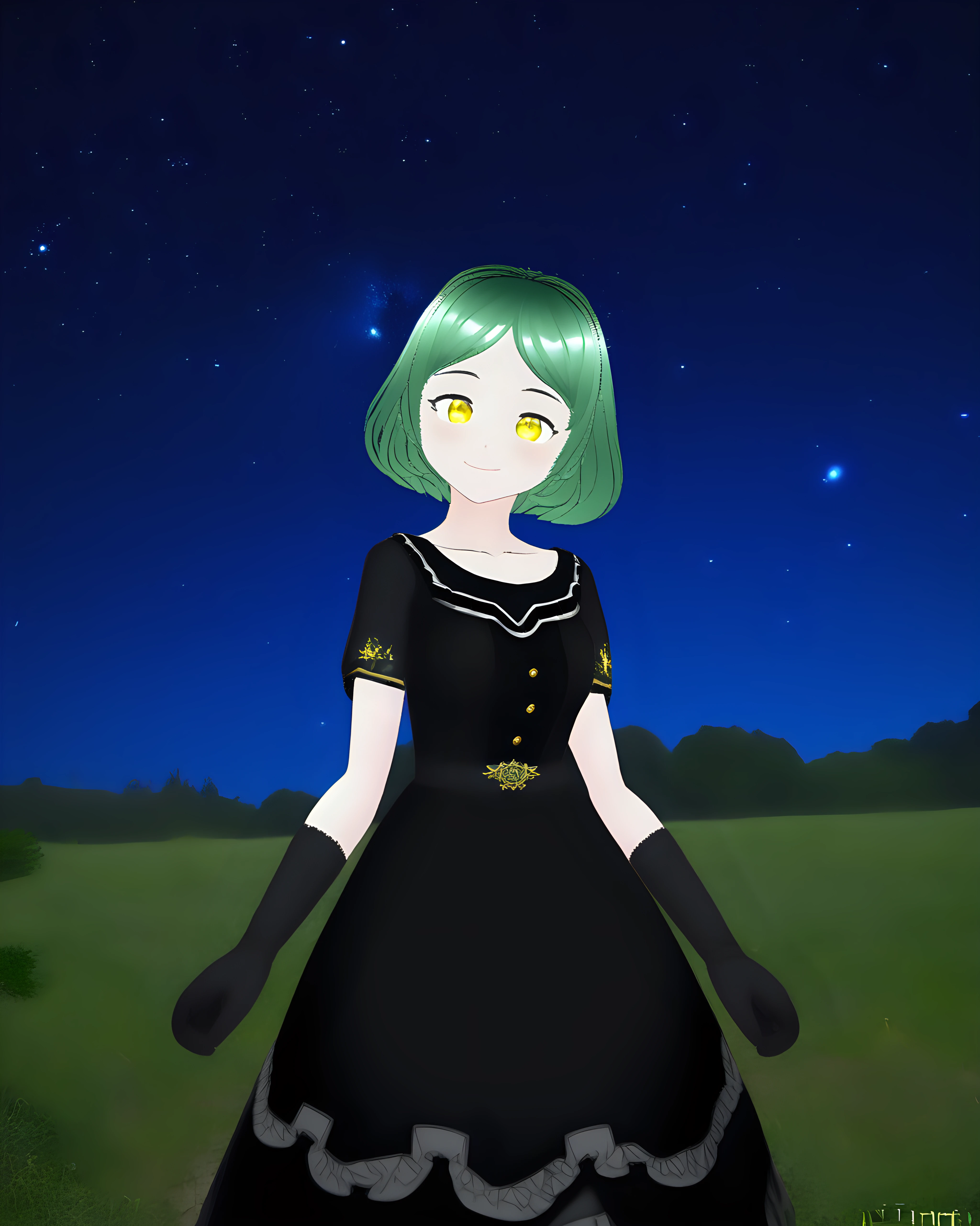 1girl, cowboy shot, standing, short hair, green hair, yellow eyes, black dress, black gloves, collarbone, closed mouth, smile, outdoors, nature, starry sky, night, night sky