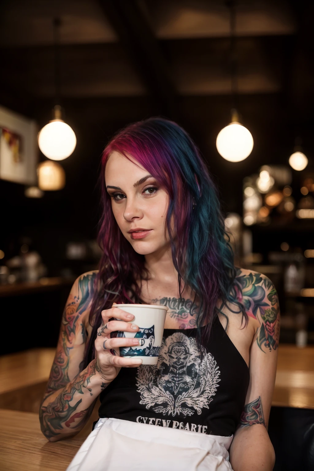 <lora:VandalVyxen:0.8>, full color portrait of a young woman, multicolored hair, tattoo, having coffee at a vintage cafe, natural light, RAW photo, subject, 8k uhd, dslr, soft lighting, high quality, film grain, Fujifilm XT3