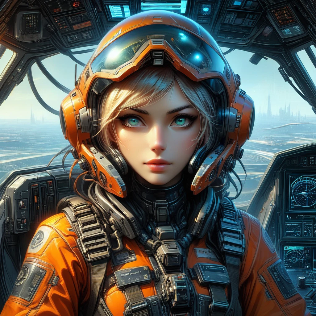 score_9, score_8_up, score_7_up, FFROA, a sci fi pilot, eyes covered by a transparent orange visor, epic sci fi armor, detailed cockpit background, semi realistic digital art