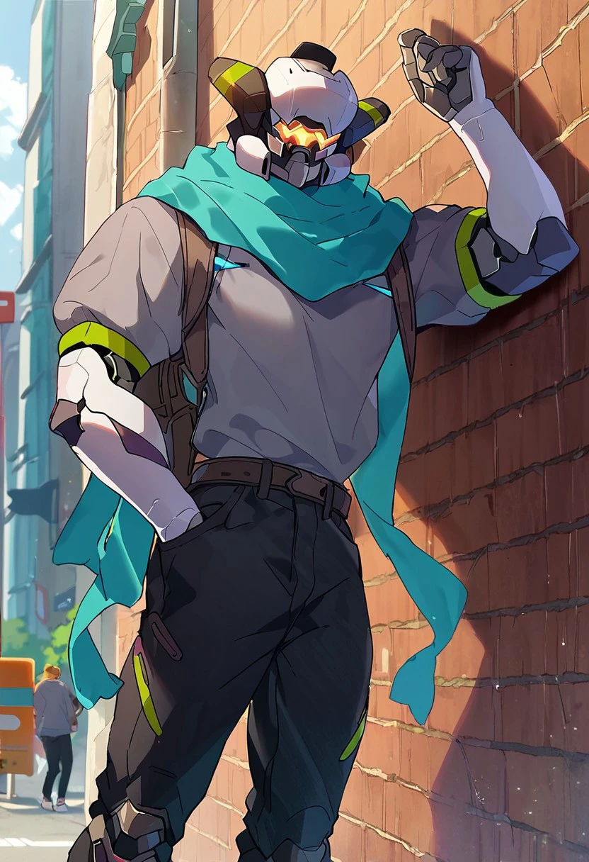 score_9, score_8_up, score_7_up,solo,male focus,mecha,robot,scarf,grey shirt,black pants,leaning on wall,handsome,official art,official cg,in city street