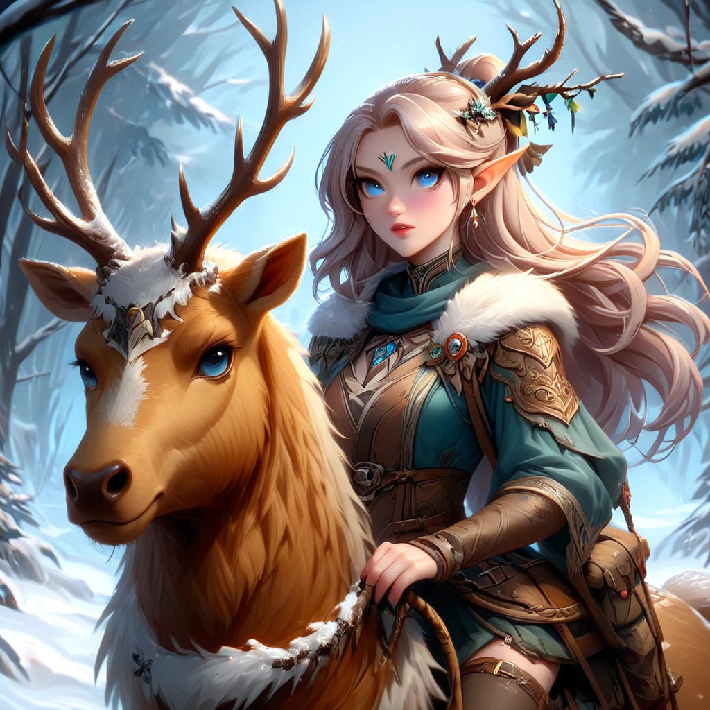 FFROA, 1woman, an elf riding an elk, beautiful blue eyes