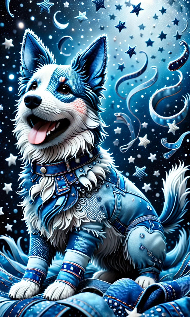 happy dog made of denim in sea of stars. Depth of field, professional, highly detailed dynamic lighting, photorealistic, 8k, raw, rich, intricate details, vivid colors <lora:denimv12-000010:1.5>