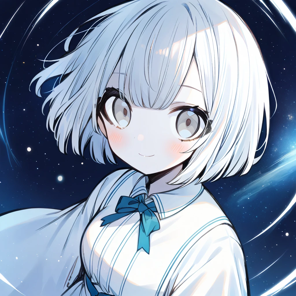 1girl, white gown, (short white hair, bob hairstyle), (milky gray eyes), pale white skin,  <lora:EridollP:1>,  gentle smile, looking at viewer, outerspace background