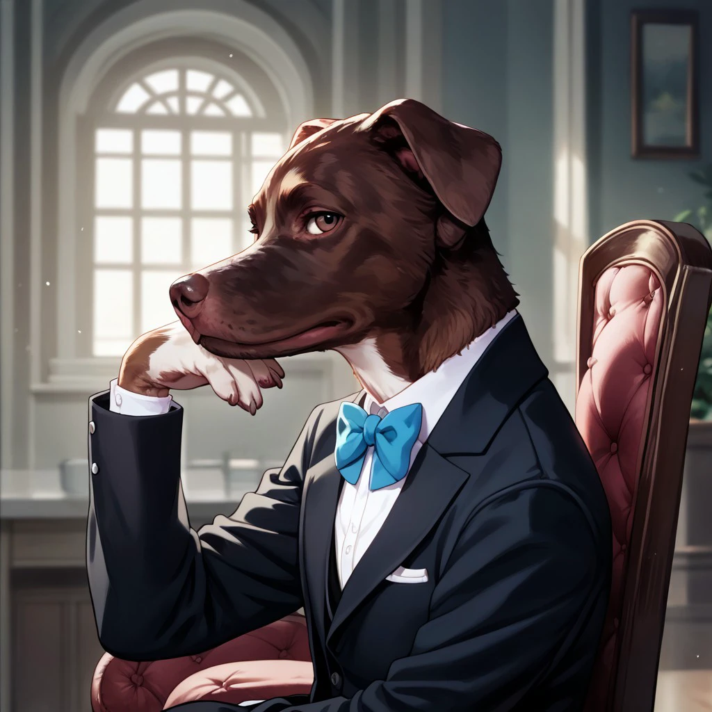 score_9, score_8_up, score_7_up, C00p3rD0gg0, dog wearing tuxedo, sitting in chair, posing for picture, blank expression, from side, looking at viewer, portrait,