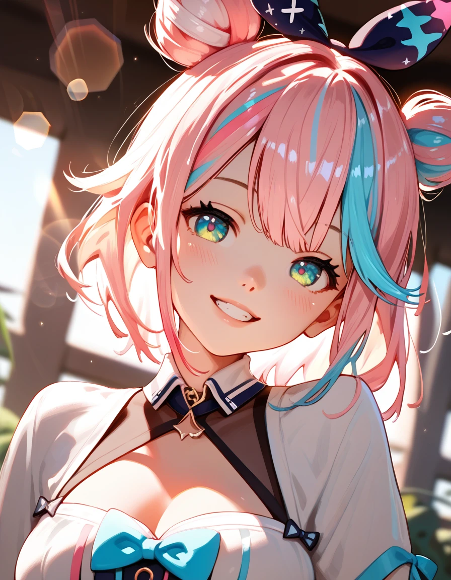 score_9, score_8_up, score_7_up,score_6_up,score_5_up,score_4_up,  1girl, sunlight, lens flare, depth of field, smile, multicolored hair, virtual youtuber, bow, dutch angle, teeth, head tilt, impossible clothes,