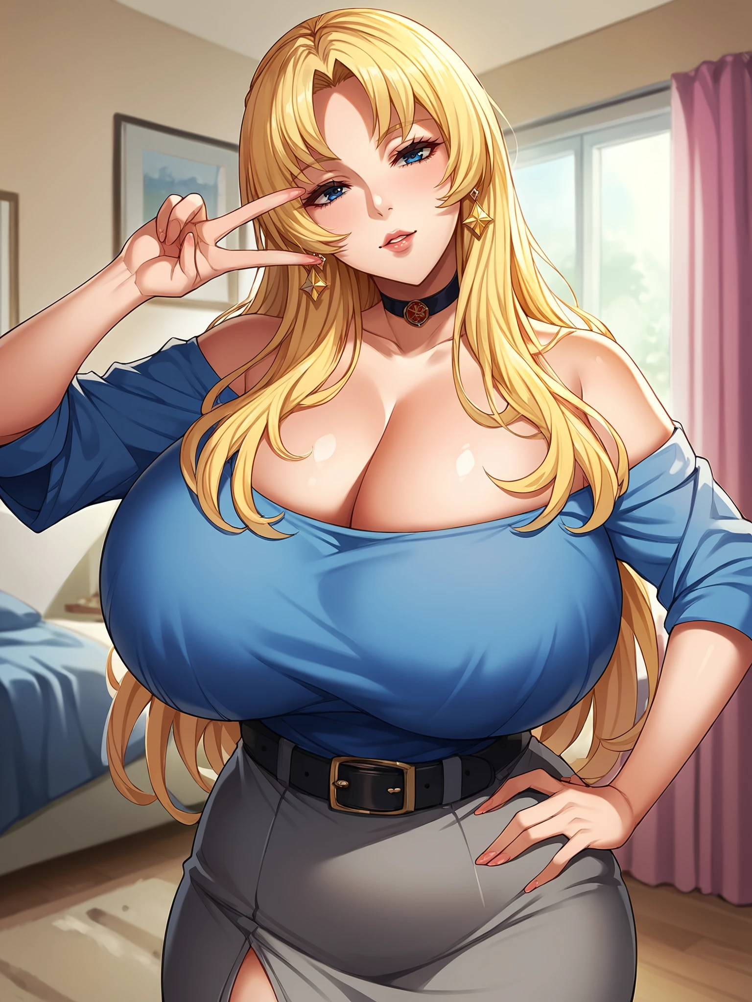 score_9, score_8_up, score_7_up, score_6_up, uncensored, source_anime,  BREAK
haruna shinjou, girl is standing, hand on own hip, showing V sign,
looking at viewer, parted lips, head tilt, 
blonde hair, long hair, blue eyes, lips, earrings, choker,
off-shoulder shirt, blue shirt, grey skirt, belt, 
huge breasts, voluptuous, thighs,
indoors, bedroom, 
 <lora:Haruna Shinjou3216PDXL:1>