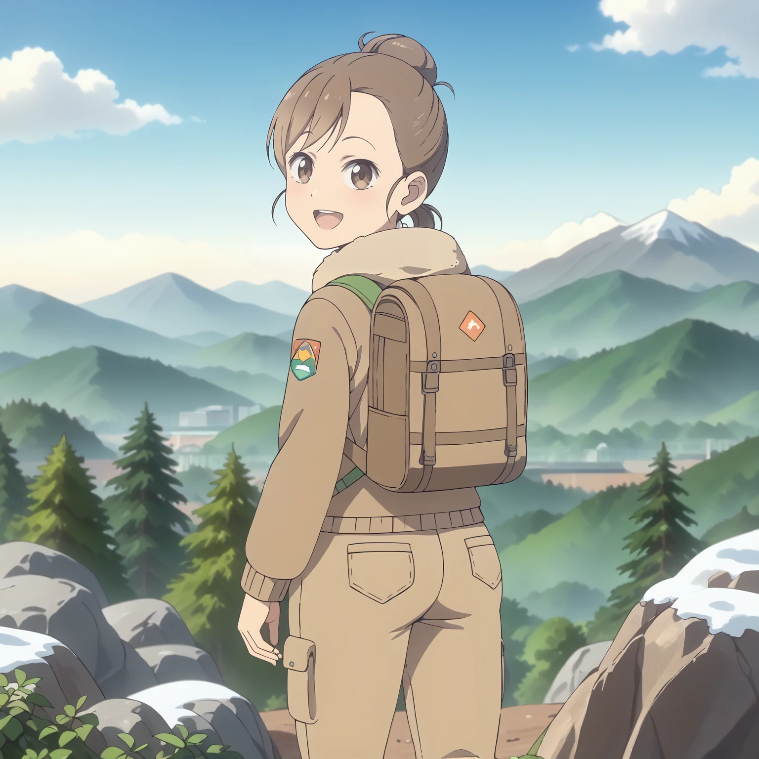 <lora:PH_MoeXLpony001>,
looking at viewer,smile,open mouth,
solo,
Moe,1girl,brown hair,hair bun,brown eyes,
winter jacket,cargo_pants,backpack,
outdoors,mountain climbing,mountain,sky,nature,rock,plant,looking back,