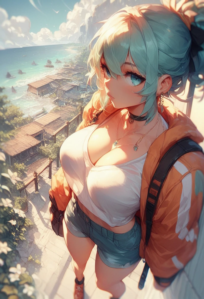 score_9, score_8_up, score_7_up, score_9, score_8_up, score_8_up, 1girl, summer vibe, from above, large breast, best quality, source_anime, <lora:DallE3-magik:1>