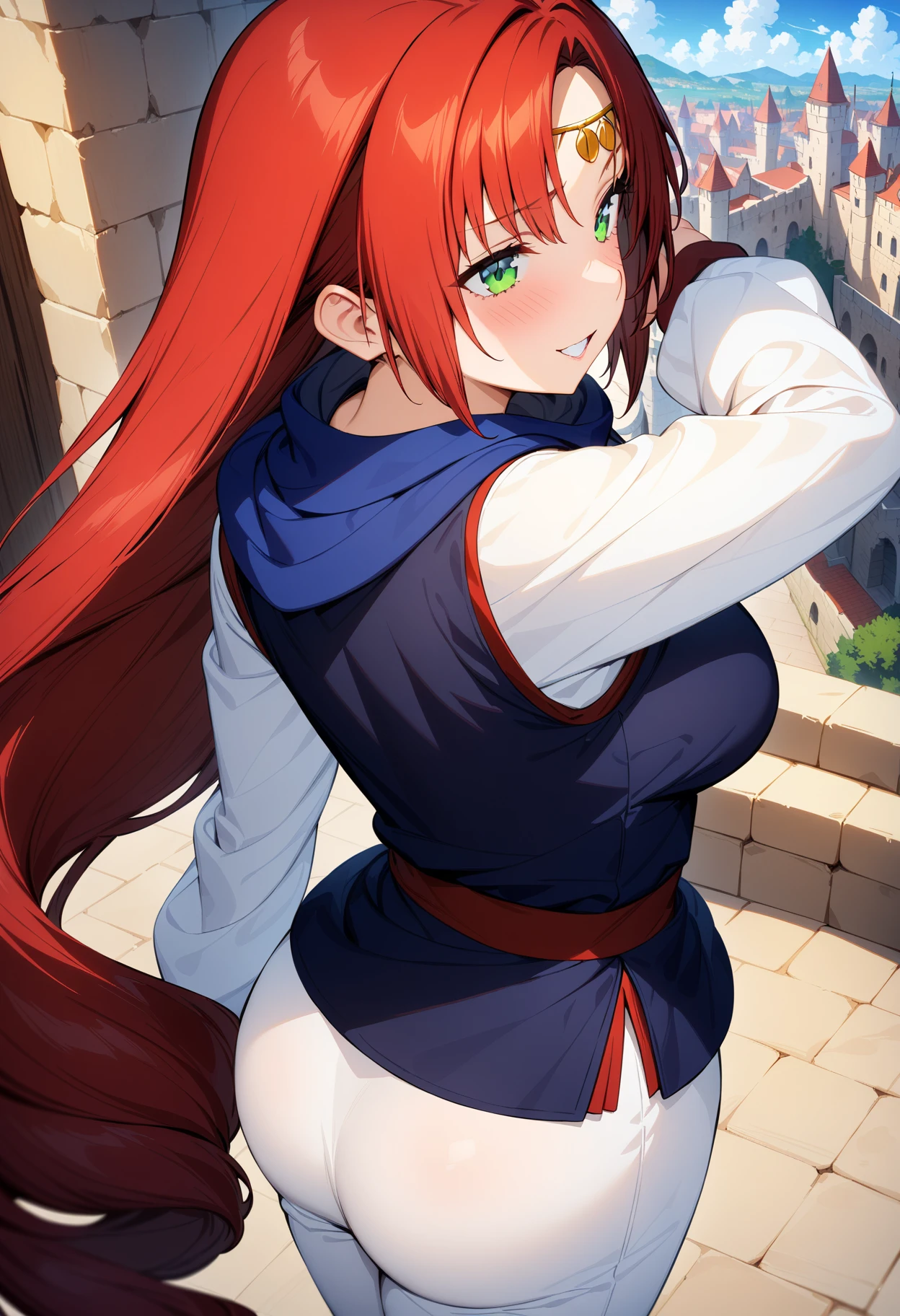 (masterpiece:1.2),best quality,very aesthetic,absurdres,1girl,<lora:elenoa_ran_v3_1:1>,elenoa_ran,circlet,02clothes,white pants,red hair,very long hair,green eyes,long_sleeves,white sleeves,navy blue scarf,blue clothes,red shoes,<lora:Fixhands_anime_bdsqlsz_V1:1>,medieval cityscape,looking_at_viewer,front view,kind_smile,blush,fantasy,castle,city,standing,contrapposto,, masterpiece,best quality, very aesthetic, absurdres, ultra detailed, high resolution, 4k, extremely detailed CG,