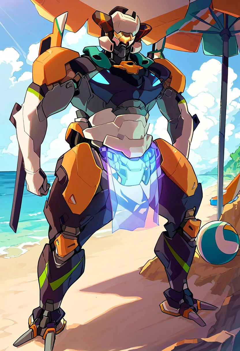 Robot girl at the beach, large metal hips, wearing a hood with a cape, perched on a rock, near a palm tree, exposed mechanical thighs, butt, cool robotic mask, cyclops, super tall, one person,farting, loud farting, gassy, (heavenly thighs),fart,((farting,onara)), embarrassed,farts,gassy,butt,