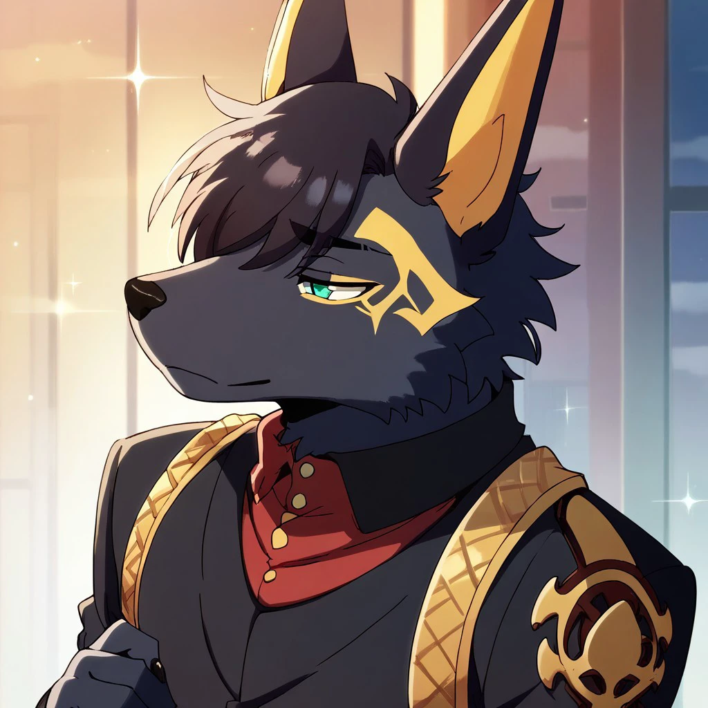 source_furry, score_9, score_8_up, score_7_up, source_anime, 
anime_screencap,score_9,source_anime,
Haul Hiliiua. 1boy, male, black fur, jackal, markings, gold markings, 
half-closed eyes