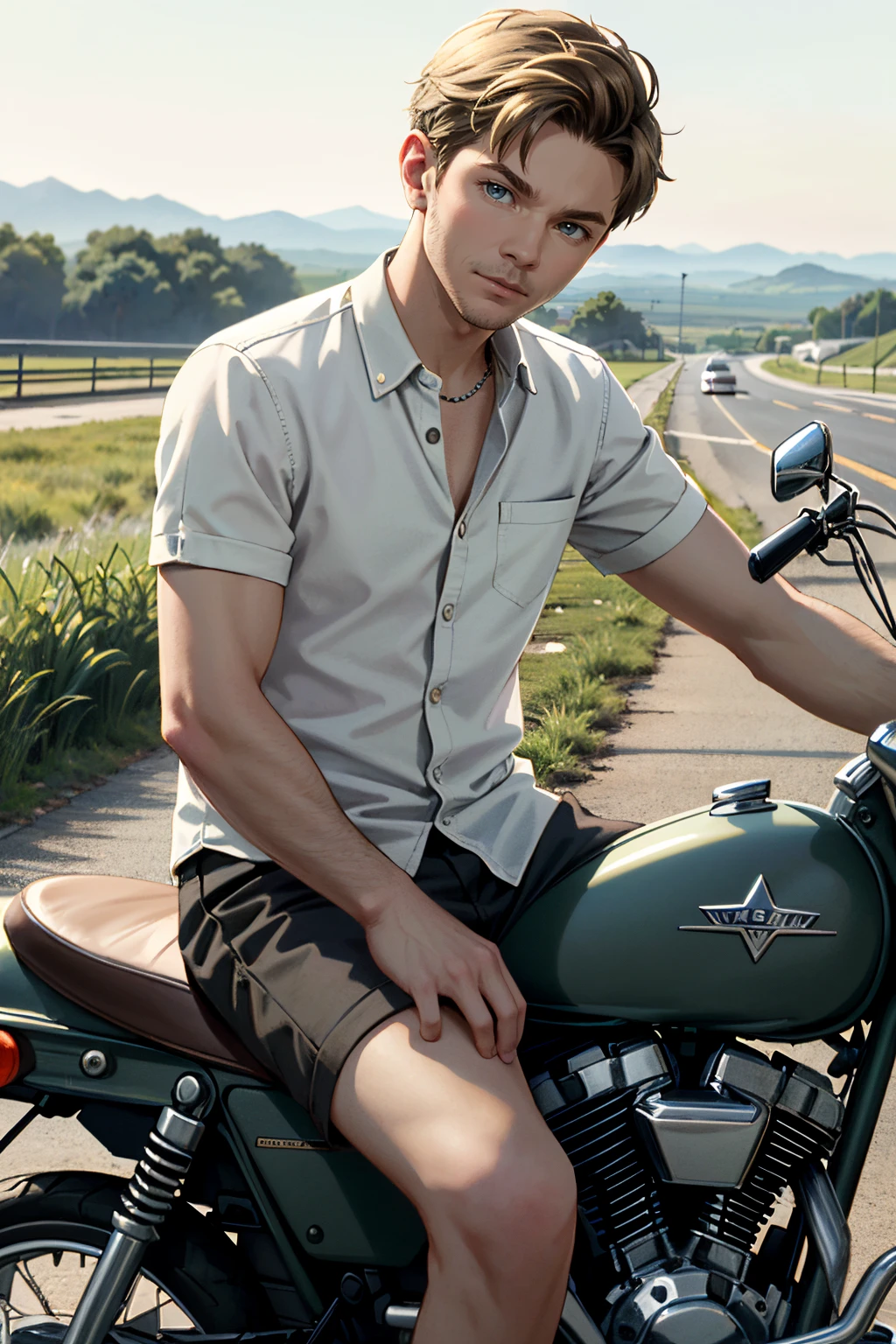 ((ultra detailed, masterpiece, absurdres))
 <lora:MOMConrad:0.8>
MOMConrad, 1boy, short hair, blonde hair, looking at viewer, sitting on a vintage motorcycle, with an open road stretching into the distance