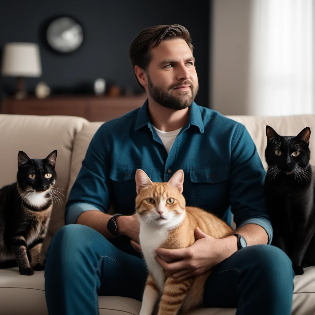 cinematic photo a man, facial hair, sits on a couch with cats <lora:Vance1024_r1:0.8> . 35mm photograph, film, bokeh, professional, 4k, highly detailed