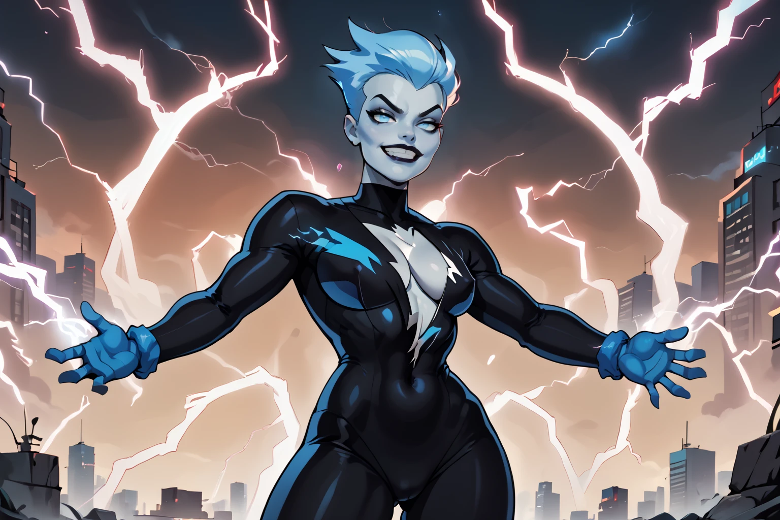 <lora:Livewire_PDXL_spamb0t:0.9>,DC_Comics_Livewire
BREAK light blue skin,short light blue hair
BREAK plunging neckline,covered nipples
BREAK cleavage cutout shaped like lightning bolt
BREAK black body suit
BREAK electricity
BREAK standing with one foot resting on other knee, arms forward
BREAK seen from front, full shot
BREAK cowboy shot,abstract background,looking at viewer