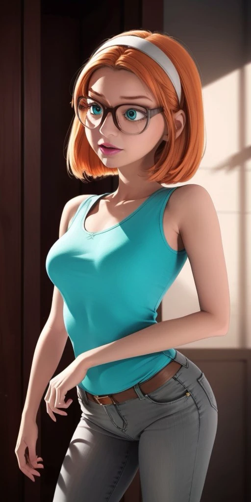 Hyperrealistic, photorealistic, turquoise jeans, a colored sweater with a diamond pattern, orange hair, glasses with a grayish-brown and grey rimwhite headband, strong cyan eyes, chin-length orange hair that is styled in a bob-cut, super detailed, body like in real life, light pink lipstick, large pores, slender, ******************, fair skin, beautiful arms, very little very flat breasts, unreal engine, octane render, droped shadow, bokeh, cinematic lighting, highly detailed background, <lora:add_detail:0.5>, <lora:Volumetric_lighting:0.6>, Raincomprix, Sabrina, , <lora:784a5ed7-f452-478c-9bf0-e4d020be783d:0.7>