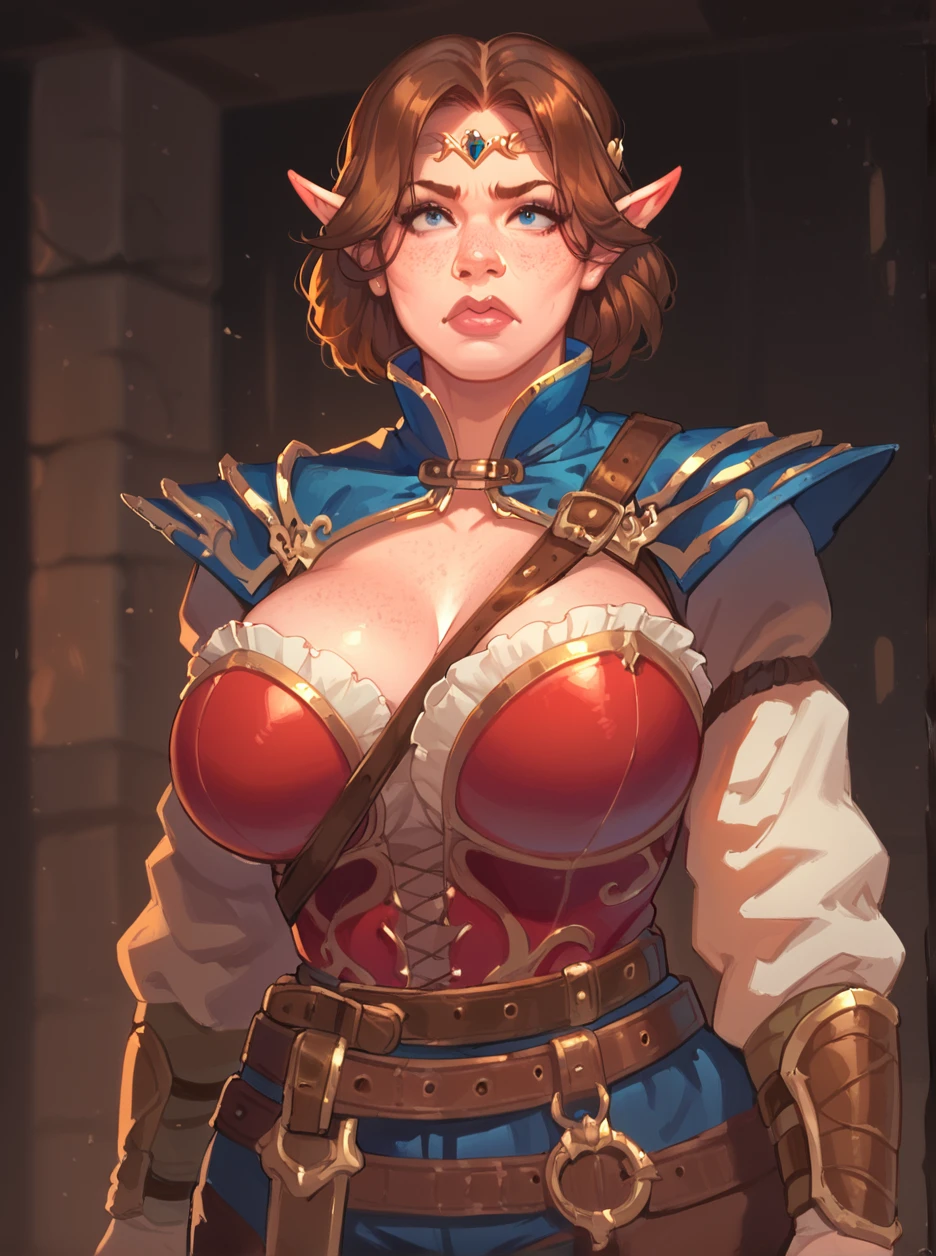 score_9, score_8_up, score_7_up, masterpiece,    <lora:HKHorrorXL:1> <lora:sn0wStyle:1> elf, armor, circlet, freckles, belt,  pauldrons,  huge breast, huge ass, hyper hips, thick, mature, pointy nose, fist, dark dungeon<lora:Aestri_Yazar_-_Dead_by_Daylight_X_Dungeon__Dragons-000014:0.8>