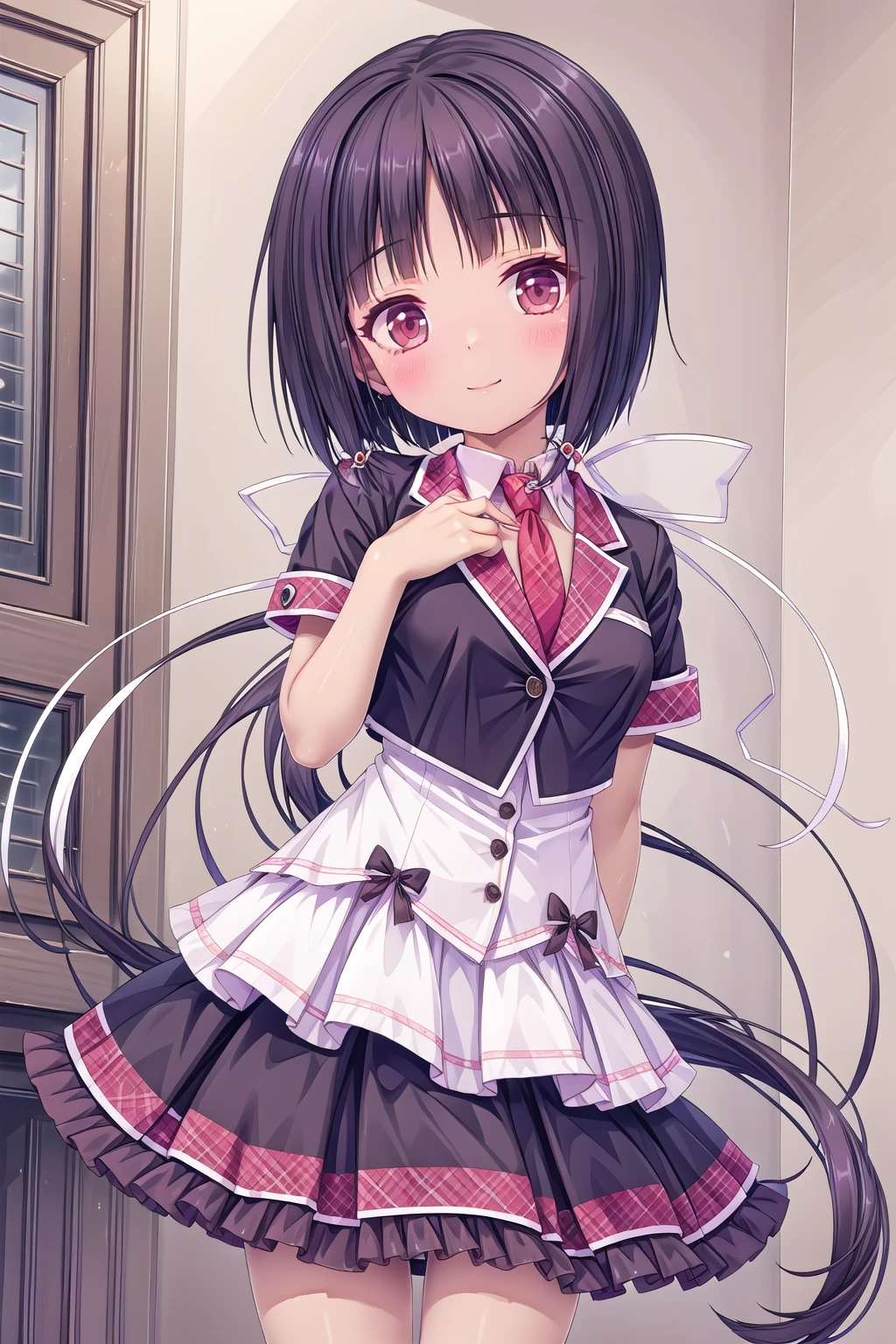 arisegawa_Purple_jacket_White_shirt_Collared_shirt, arle, solo, dark_skin, dark-skinned_female, ponytail, short_hair_with_long_locks, sidelocks, purple_hair, brown_eyes, looking_at_viewer, small_breasts, head_tilt, blush, closed_mouth, smile, hair_ornament, white_ribbon, hair_ribbon, school_uniform, buttons, red_necktie, short_sleeves, purple_red_brown_miniskirt, pleated_miniskirt, plaid_miniskirt, layered_miniskirt, frilled_miniskirt, hand_on_own_chest, arm_behind_back, standing, indoors, <lora:Arle_V1:0.8>