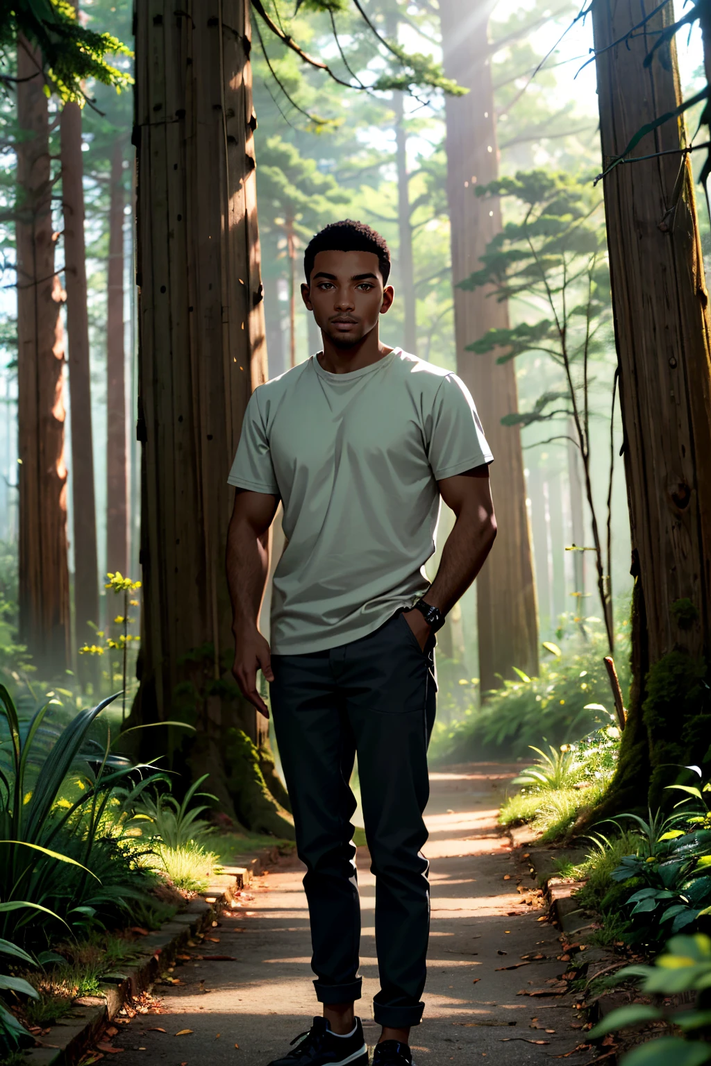 ((ultra detailed, masterpiece, absurdres))
 <lora:MOMAlex:0.8>
MOMAlex, 1boy, dark skin, short hair, looking at viewer, standing amidst towering redwood trees in a lush forest