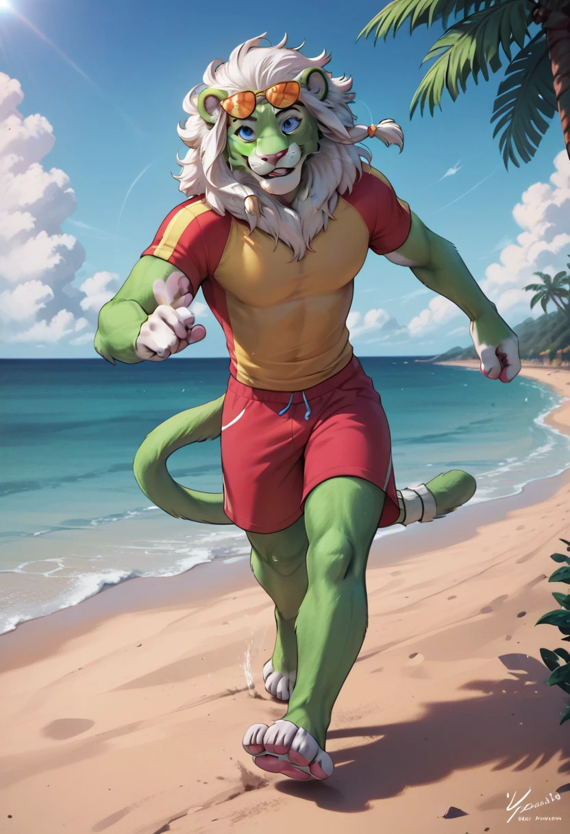 score_9, score_8_up, score_7_up, score_6_up, score_5_up, score_4_up, highres, detailed face, best quality, 4k, male, green lion, green lion face, (flue green fur:1), (white mane:1), big mane, white chest, white soles, pink pads, feet focus, (summer clothes:1.5), (running on beach:1.2), clouds, sunglasses, smiling, dynamic pose, (detailed blue eyes:1), outside, masculine, (smiling:1), (solo), sportive figure, nice body, light effects, (disney art style:1), (muscular:1.5), cool looking, (5 fingers:1.5)