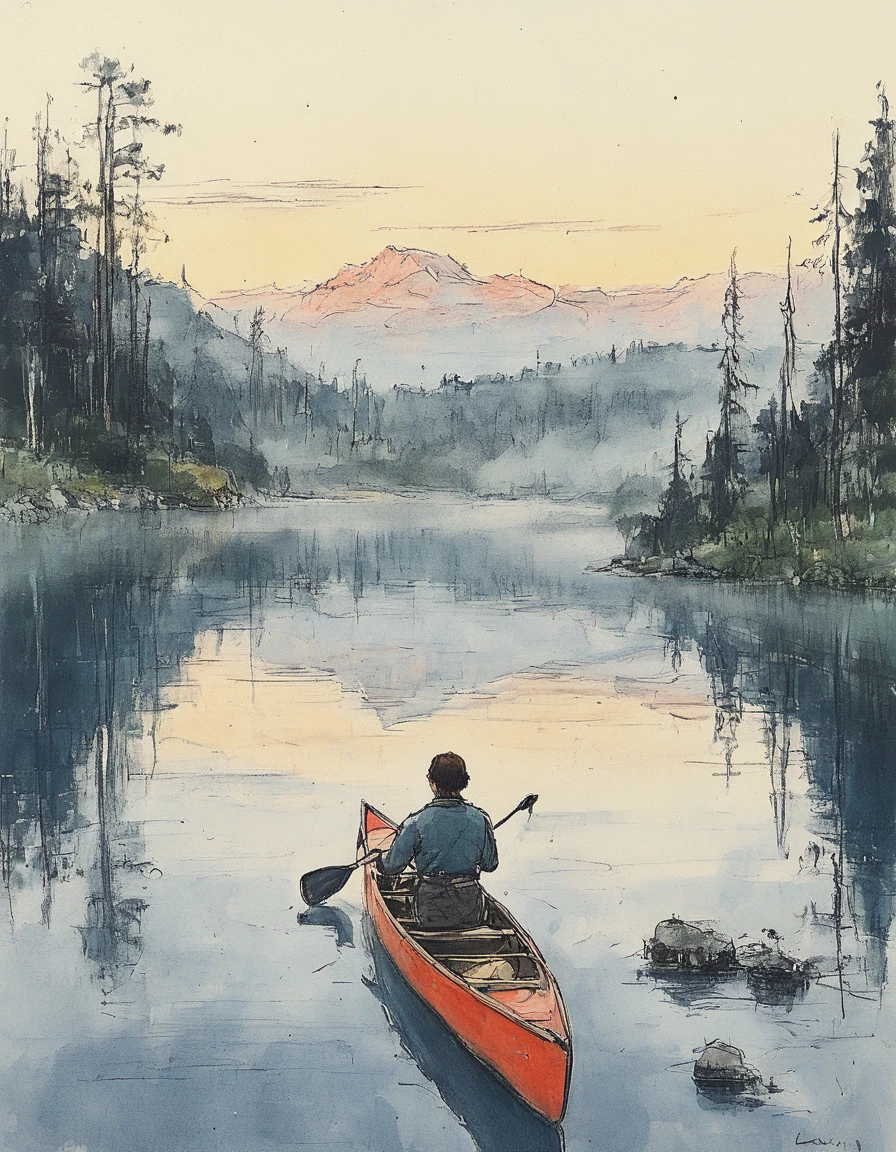 A serene mountain lake at dawn, with mist rising from the water and a lone canoeist paddling