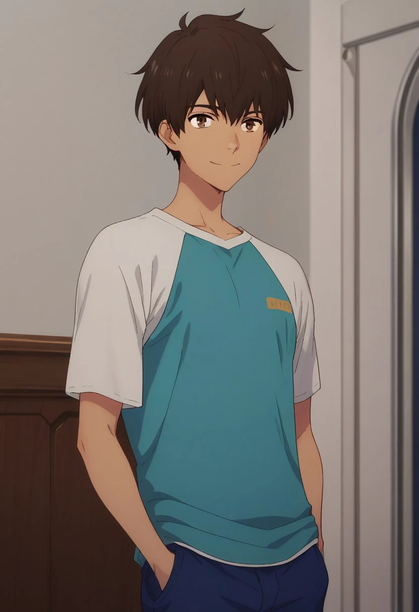 score_9, score_8_up, score_7_up, source_anime, highly detailed, 
rionmizumori, 1boy, male focus, solo, brown eyes, brown hair, dark skin, smile, dark-skinned male, blue shorts, hands in pockets, looking at viewer, shirt, upper body,
indoor,