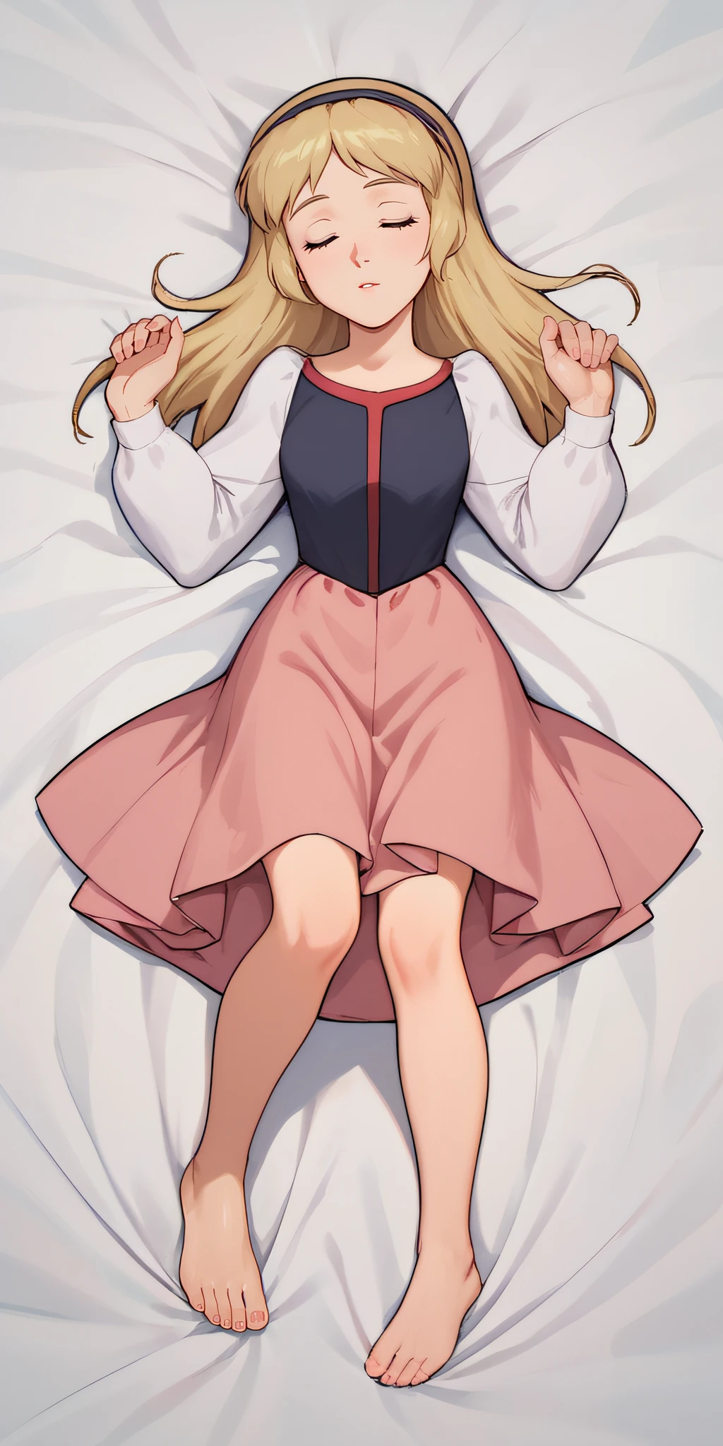 score_9, score_8_up, score_7_up, rating_safe, intricate details, 1girl, solo, retro artstyle, <lora:Princess_Eilonwy:1>, eilonwy, closed eyes, hairband, long sleeves, dress, pink skirt, looking at viewer, full body, barefeet, lying on bed, sleeping, bed sheet, parted lip´s, hands up, five fingers