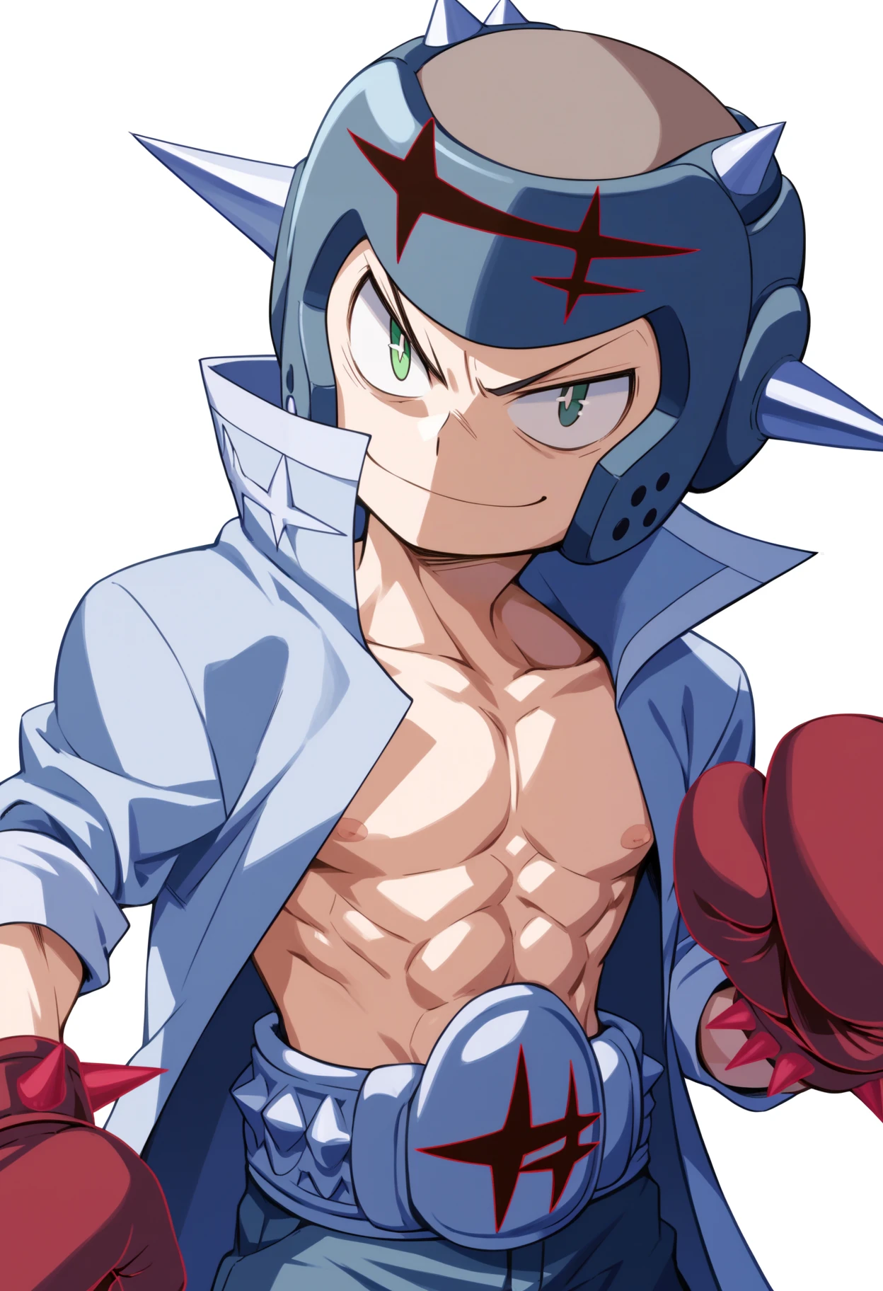 score_9, score_8_up, score_7_up, score_6_up, score_5_up, score_4_up, BREAK,
1boy,  takaharufukuroda,  green eyes, small pupils, boxing gloves, coat, open clothes, shorts, spikes, helmet,
upper body, smile, looking at viewer, solo, simple background, white background    <lora:TakaharuFukurodaXL:1>