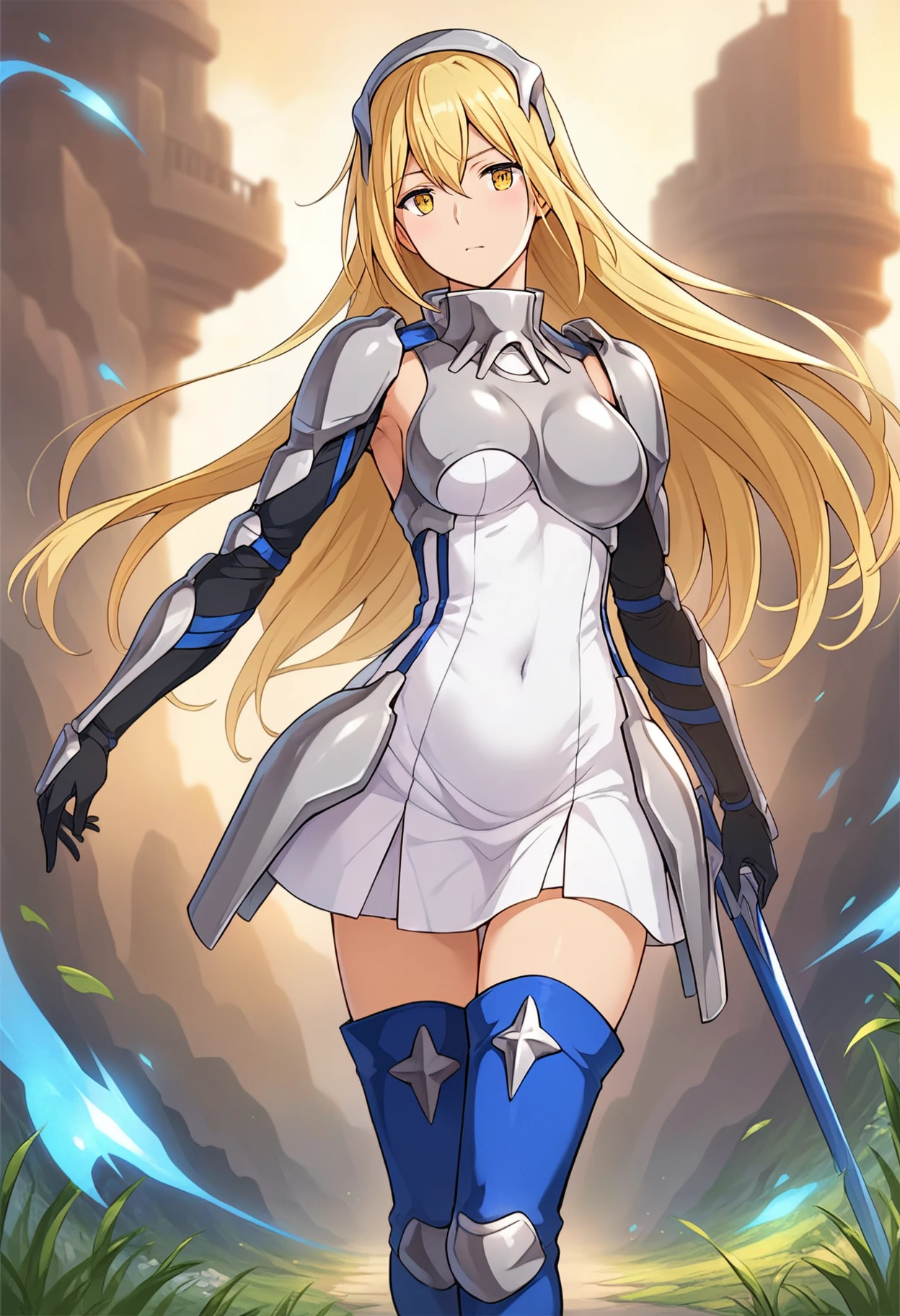 ais <lora:ais32_pony-000005:0.8> blonde hair, yellow eyes, armor, thighhighs, boots, dress, blue thigh boots, covered navel, asymmetrical breastplate, shoulder armor, gloves, white dress, panty, (realistic:0.5), score_9, score_8_up, score_7_up, BREAK source_anime, best quality, rating_explicit, masterpiece, uncensored, by anmi, standing, outdoor