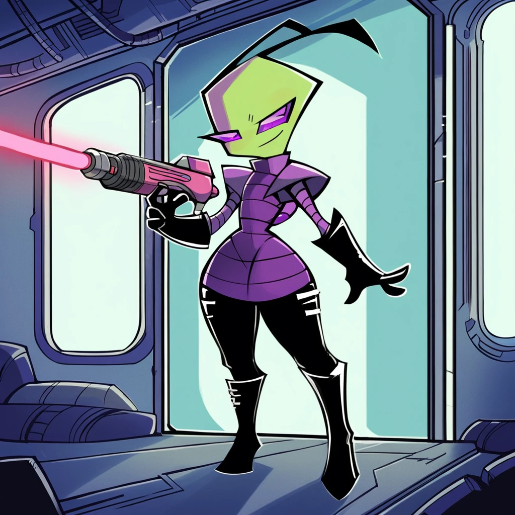 best quality, hires, highly detailed, score_7_up, score_8_up, score_9_up, <lora:Irken-09:1>, irken, alien, green body, purple eyes, 1boy, femboy, solo, antennae, straight antennae, clothing, tunic, black pants, gloves, boots, wide hips, indoors, spaceship interior, laser gun, smirk