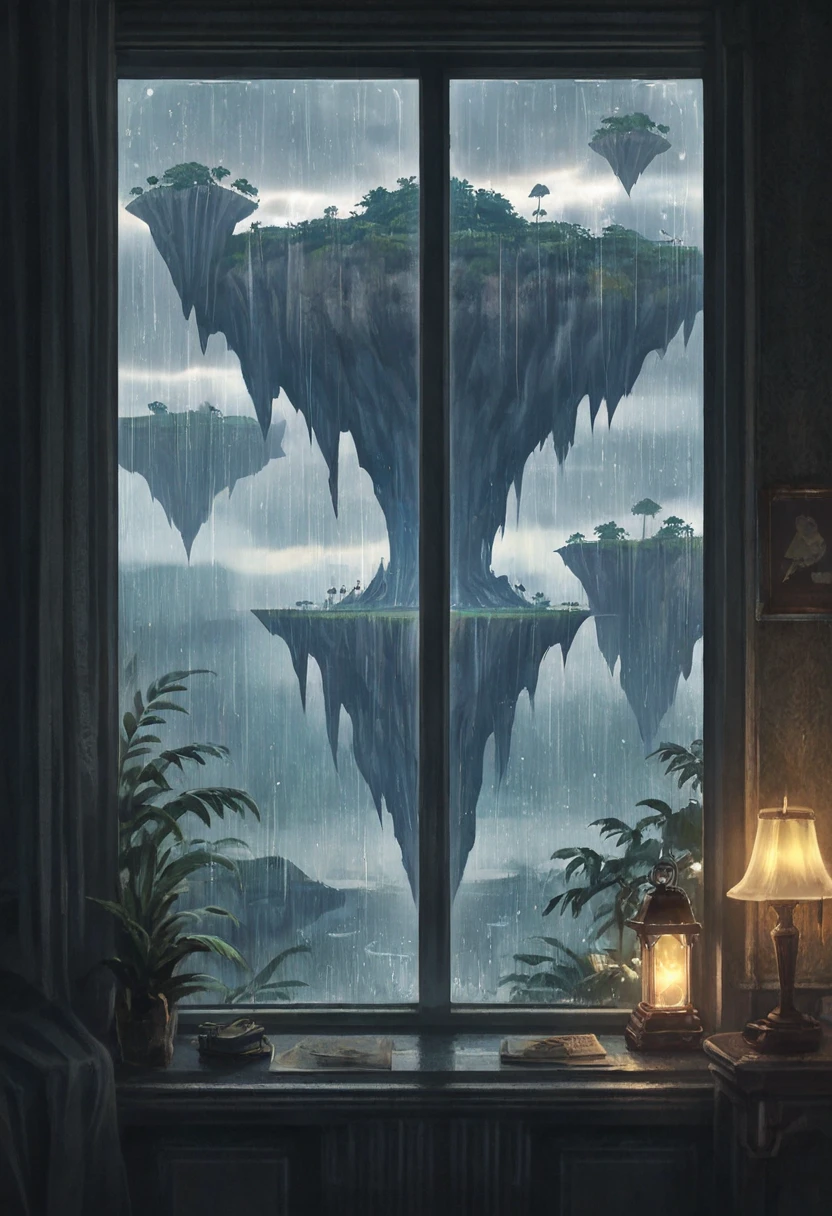 floating island, rain, waterfall, window, indoors, lamp, morning, fantasy, amazing quality, <lora:Rain:0.8>