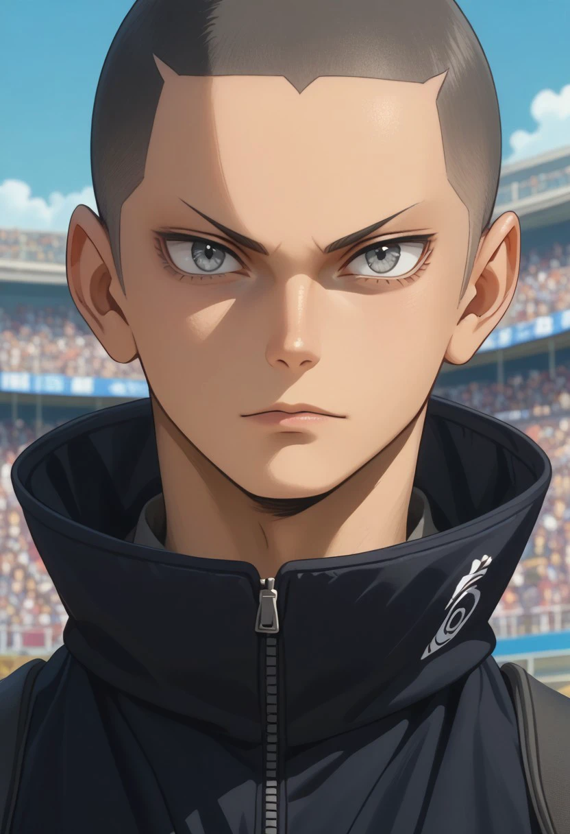 score_9, score_8_up, score_7_up, source_anime, rating_safe, Tanaikyu, 1boy, male focus, anime screencap, grey eyes, black buzz cut,