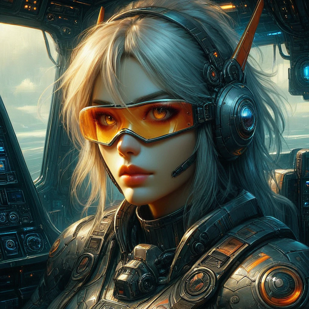 score_9, score_8_up, score_7_up, FFROA, a sci fi pilot, Orange Visor Over Eyes, epic sci fi armor, detailed cockpit background, semi realistic digital art