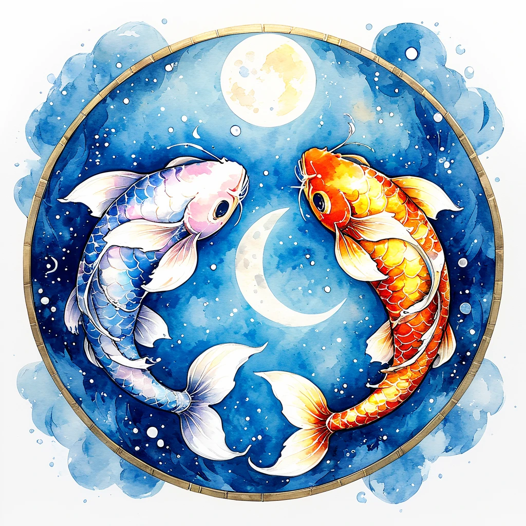 <lora:ArsMJStyle_-_SDXL:1> ArsMJStyle, Pisces, The image shows a painting of two koi fish swimming in front of a full moon surrounded by a white background. The painting is a representation of the zodiac sign of the fish with its vibrant colors and intricate details., no humans, round image, fish, painting (medium), traditional media, circle, watercolor (medium), moon, animal focus, acrylic paint (medium)