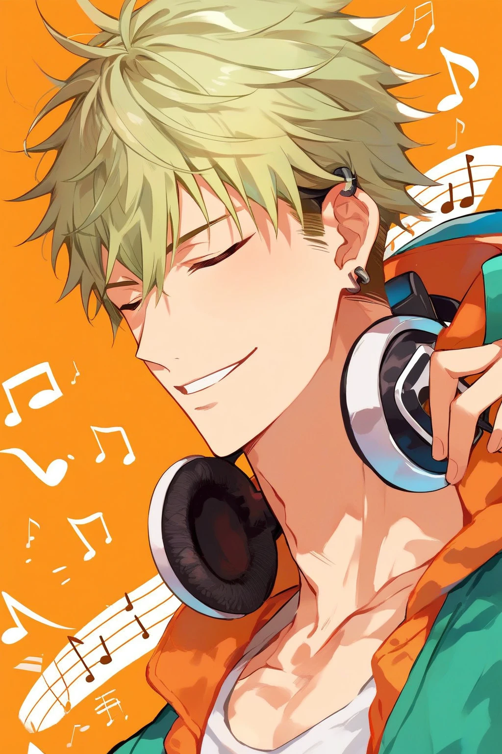 (score_9, score_8_up:1.1), score_7_up, high res image,masterpiece, source_anime, yoshida yuki, 1boy, solo, light green hair, blonde hair, ear piercing, toned body, closed eyes, smile, headphones, listening to music, music notes, orange background, from above