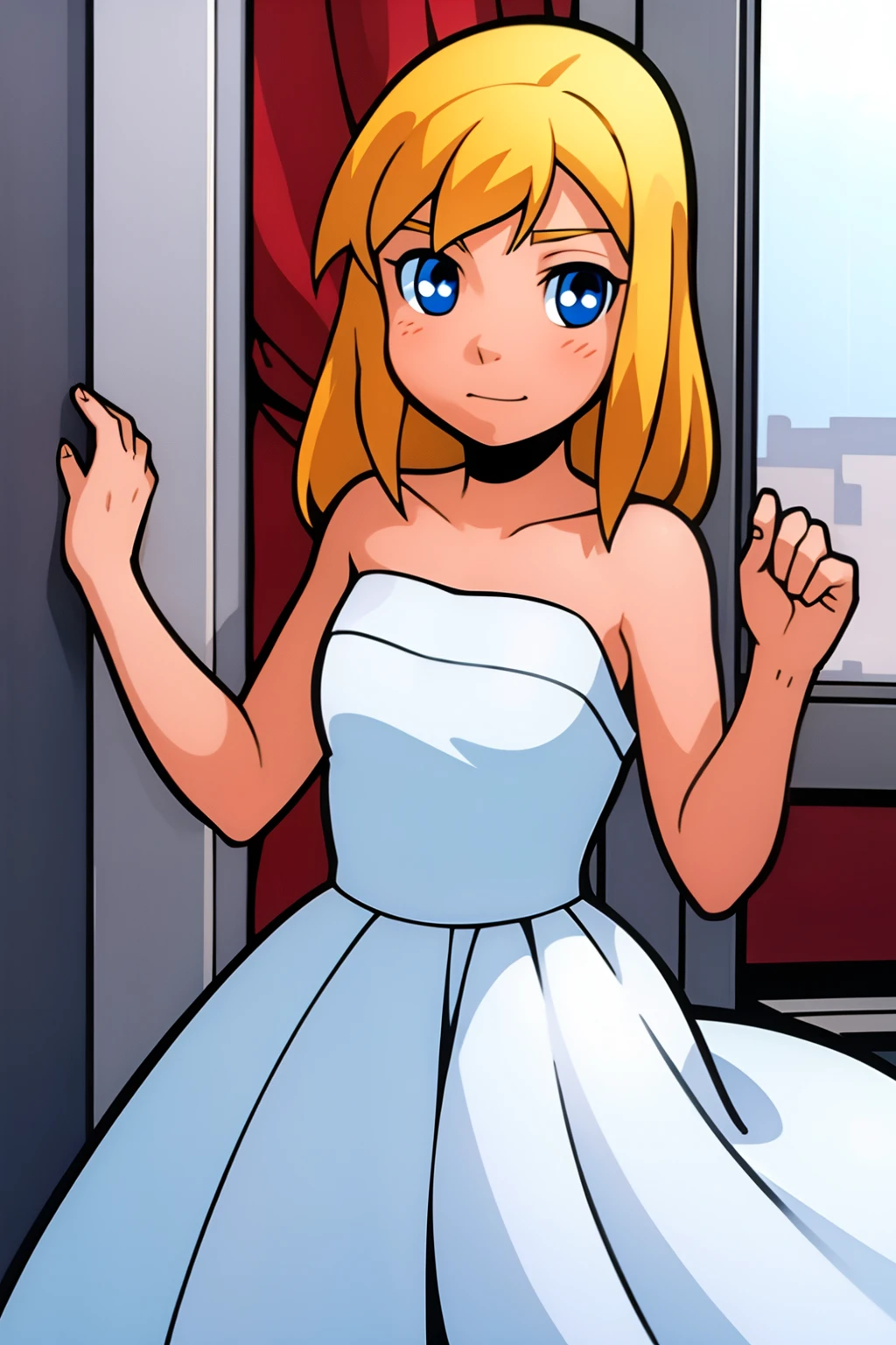 masterpiece, best quality,1girl,solo,looking at viewer,blonde hair,blue eyes,white dress,blush,masterpiece,best quality